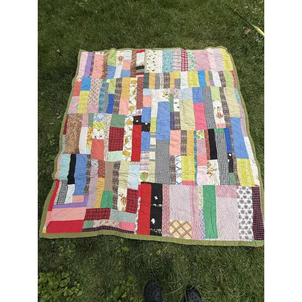Antique Vintage 1930’s CRAZY QUILT Multi-Color Feed Sack Olive Green Back